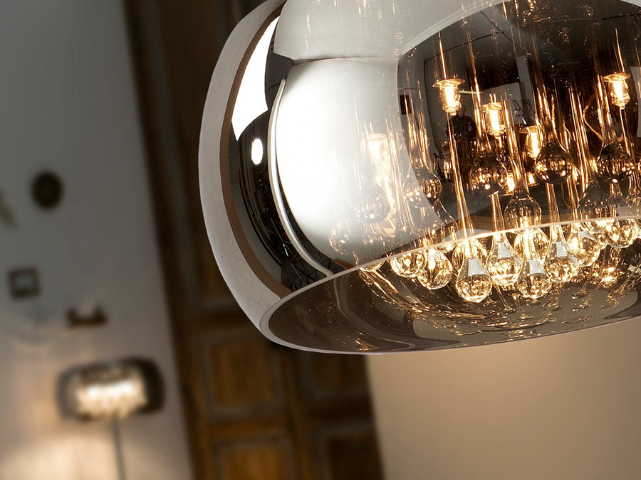 Pendul suspendat Schuller Argos cu abajur din sticlă reflectivă și picături de cristal — stil Murano, finisaj cromat, Ø40 cm.