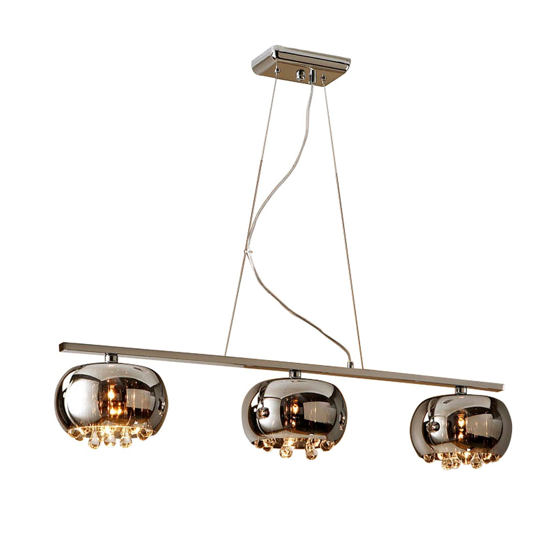 Lustră liniară Schuller Argos cu trei abajure de sticlă iridiscentă și cristale Murano, suspensie cromată — 102 cm