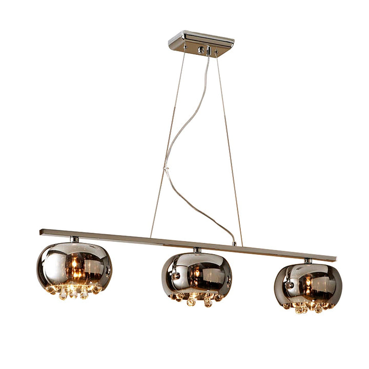 Lustră liniară Schuller Argos cu trei abajure de sticlă iridiscentă și cristale Murano, suspensie cromată — 102 cm