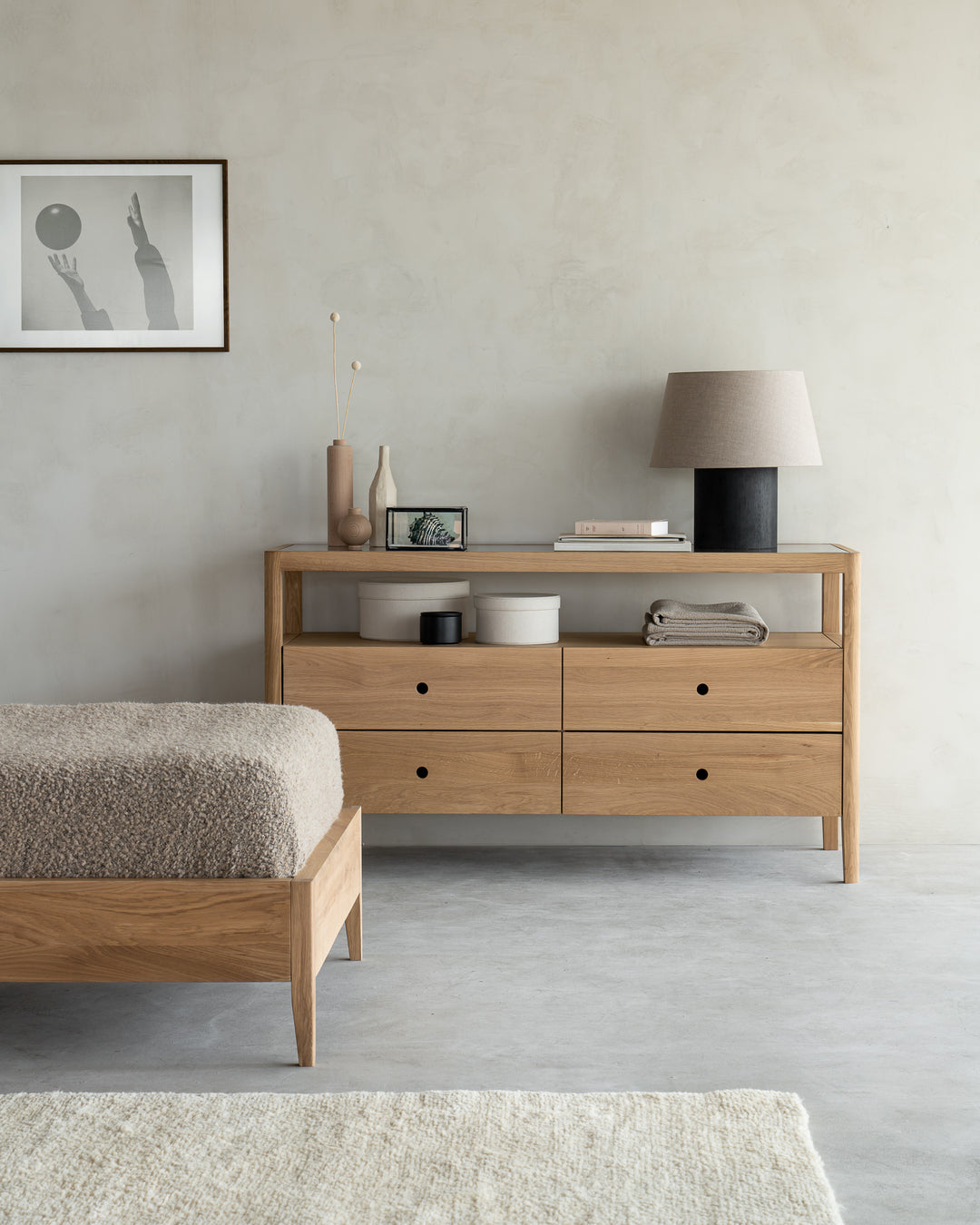 Pat Spindle Ethnicraft din stejar masiv cu spițe în tăblie, pentru saltea 90x200 — dormitor