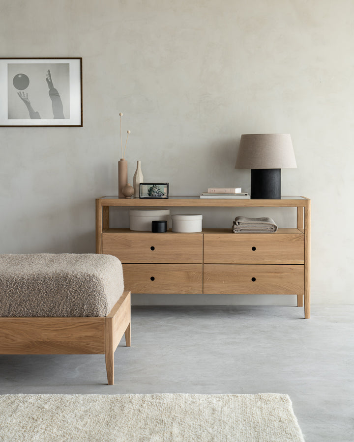 Pat Spindle Ethnicraft din stejar masiv cu spițe în tăblie, pentru saltea 90x200 — dormitor