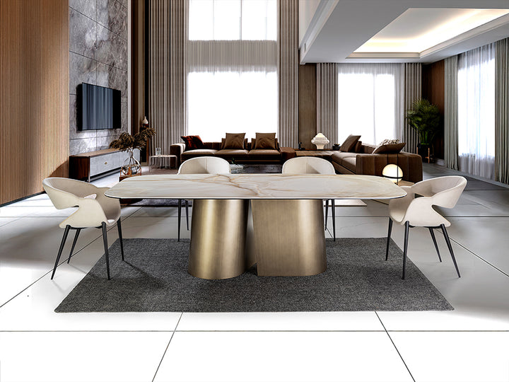 Masă dining Schuller Numa 240 cm cu structură alamă periată și blat marmură vinișoasă