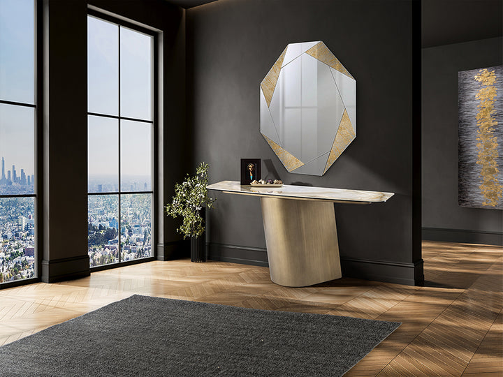 Consolă Schuller Numa cu structură alamă periată și blat marmură vinișoasă — 150x75x45 cm