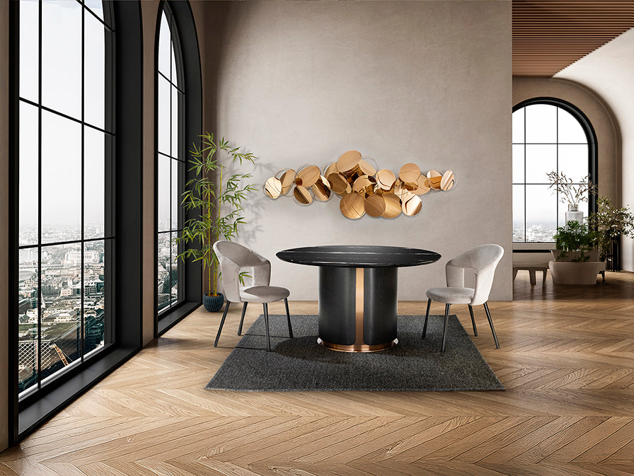Masă dining rotundă Schuller Zolo Ø135 cm cu blat marmură neagră, structură stejar închis și accente aur roz