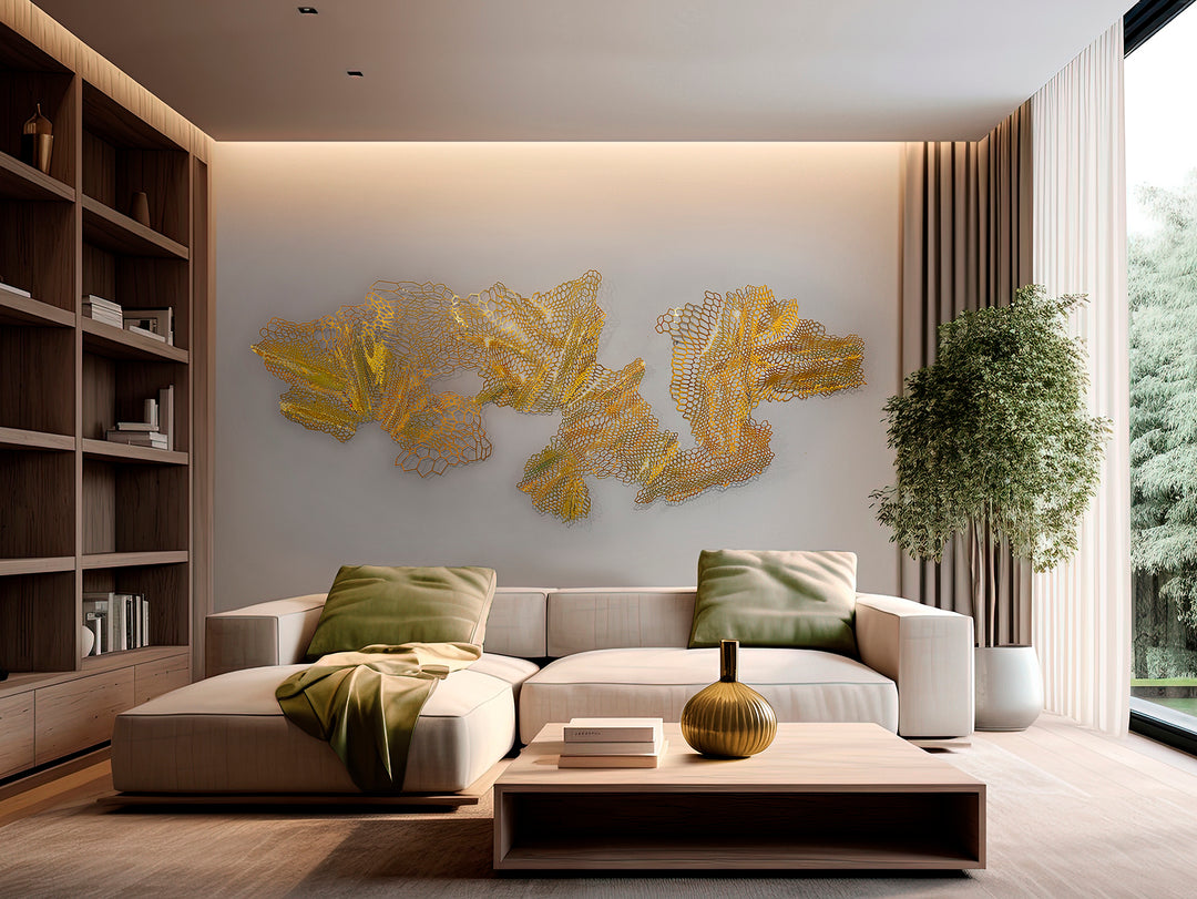 Sculptură de perete Schuller Drako cu plasă geometrică din oțel placat auriu — 220x90 cm