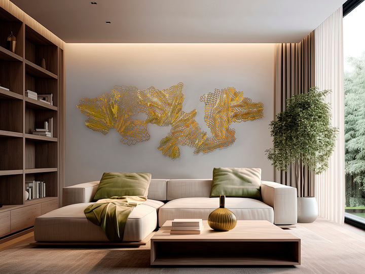 Sculptură de perete Schuller Drako cu plasă geometrică din oțel placat auriu — 220x90 cm