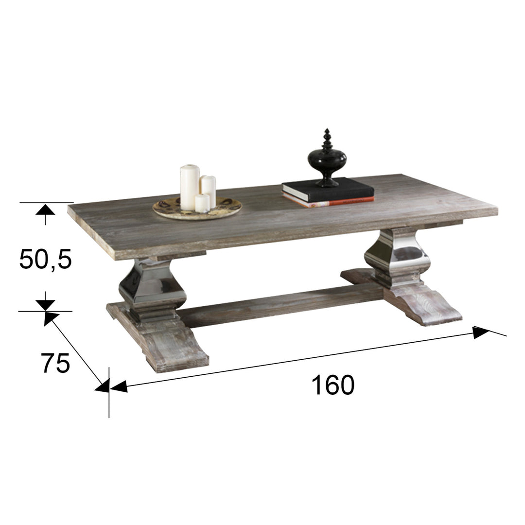 Masă cafea Schuller Antica cu blat frasin antic patinat alb și pilastri oțel lustruit — 160x75 cm