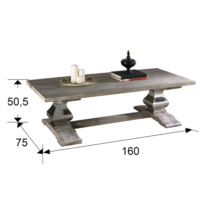 Masă cafea Schuller Antica cu blat frasin antic patinat alb și pilastri oțel lustruit — 160x75 cm