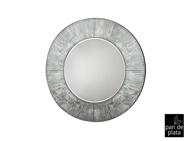 Oglindă rotundă Schuller Aurora Ø100 cm cu cerc central de oglindă șlefuită și ramă cu pattern grafic în foiță de argint.
