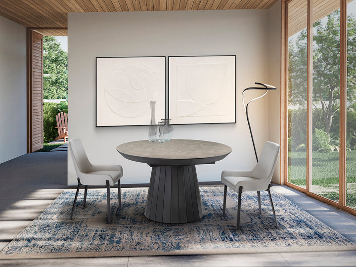 Masă dining Schuller Koria rotundă Ø130 cm extensibilă cu blat piatră mată și structură negru mat