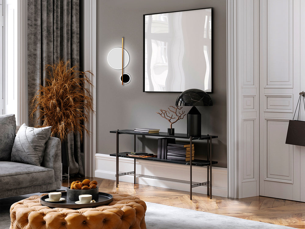 Aplică Schuller Duo cu două sfere LED pe tijă verticală, finisaje negru, alb și auriu — H52 cm