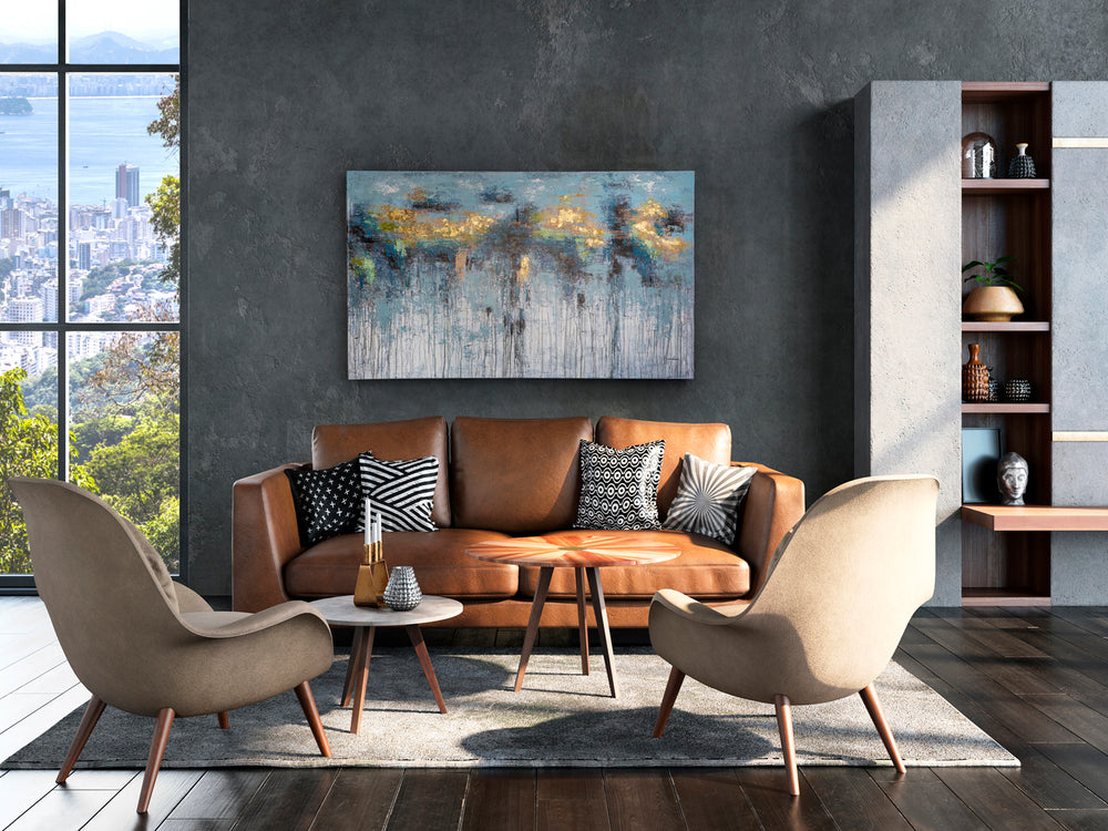 Tablou acrilic Schuller Aquas pictat cu detalii aurii pe pânză — 150x90 cm