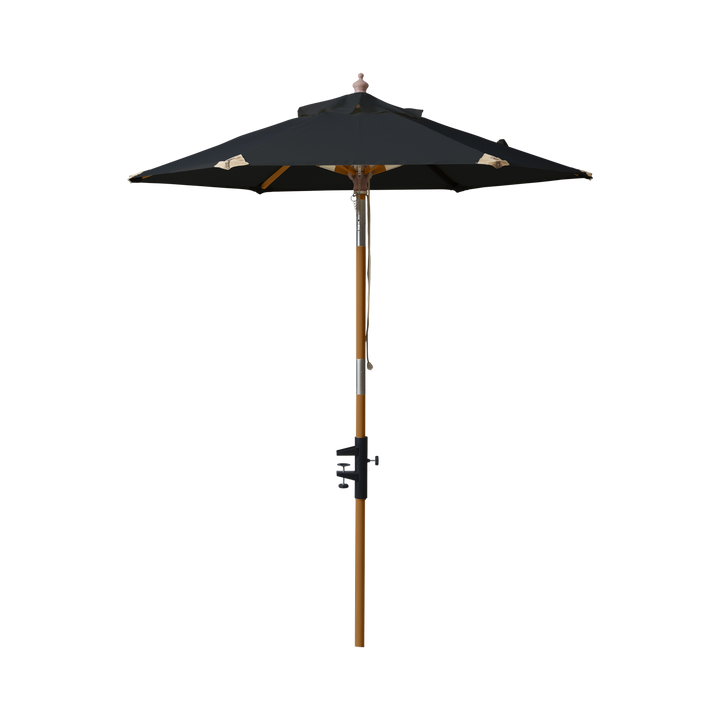 Umbrelă balcon Shade Cinas — umbrelă de 180 cm cu pânză neagră și coadă cu finisaj tec, pe un balcon.