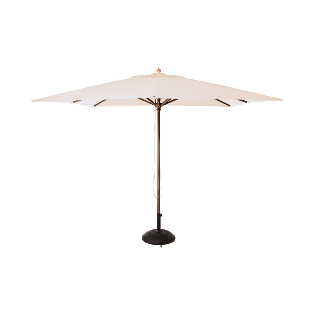 Umbrelă Shade Alezio Cinas — umbrelă pătrată de 300×300 cm cu pânză alb-fildeș și coadă cu finisaj tec.