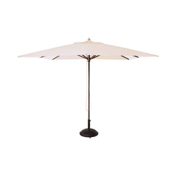 Umbrelă Shade Alezio Cinas — umbrelă pătrată de 300×300 cm cu pânză alb-fildeș și coadă cu finisaj tec.