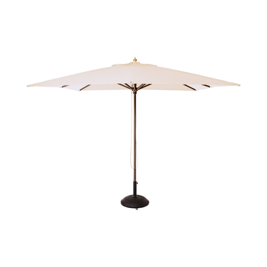 Umbrelă Shade Alezio Cinas — umbrelă pătrată de 300×300 cm cu pânză alb-fildeș și coadă cu finisaj tec.
