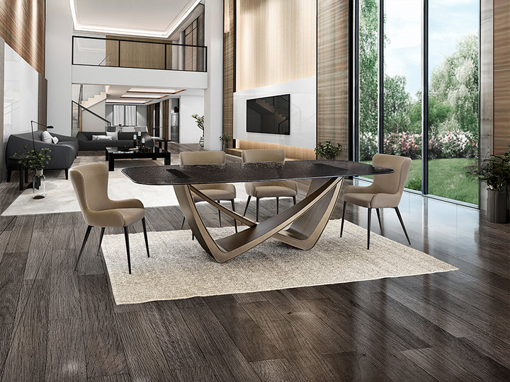 Masă dining Schuller Genesis 240 cm cu structură bronz patinat și blat sticlă texturată