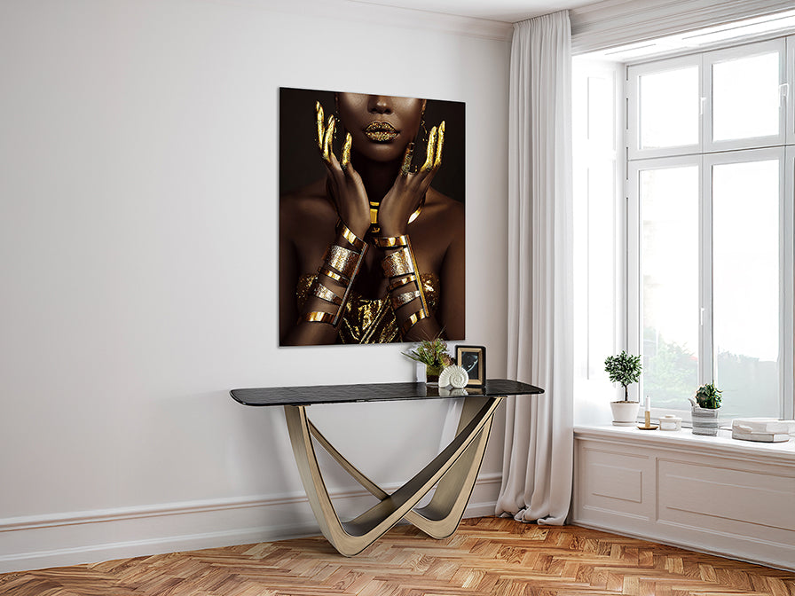 Consolă Schuller Genesis cu structură bronz patinat și blat sticlă texturată — 150x76x45 cm