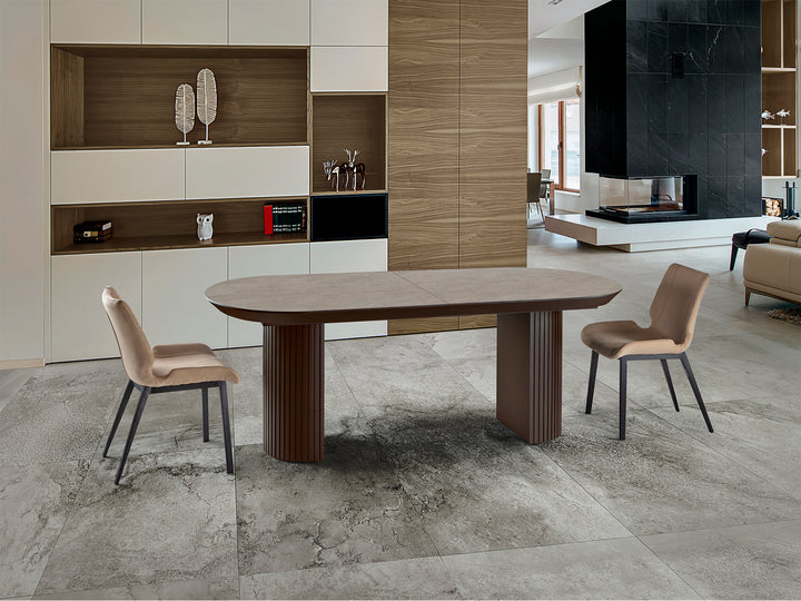 Masă dining extensibilă Schuller Irati cu picioare caneluate maro oxid și blat piatră mată — 206x103 cm