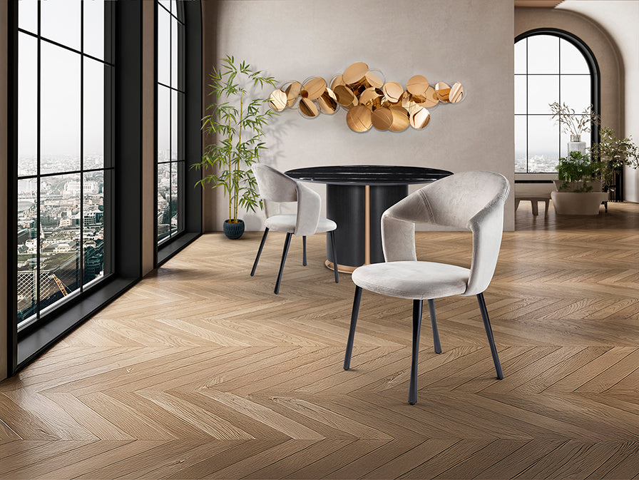 Scaun Schuller Willy cu tapițerie suede piatră și picioare metal negru — 59x83x62 cm