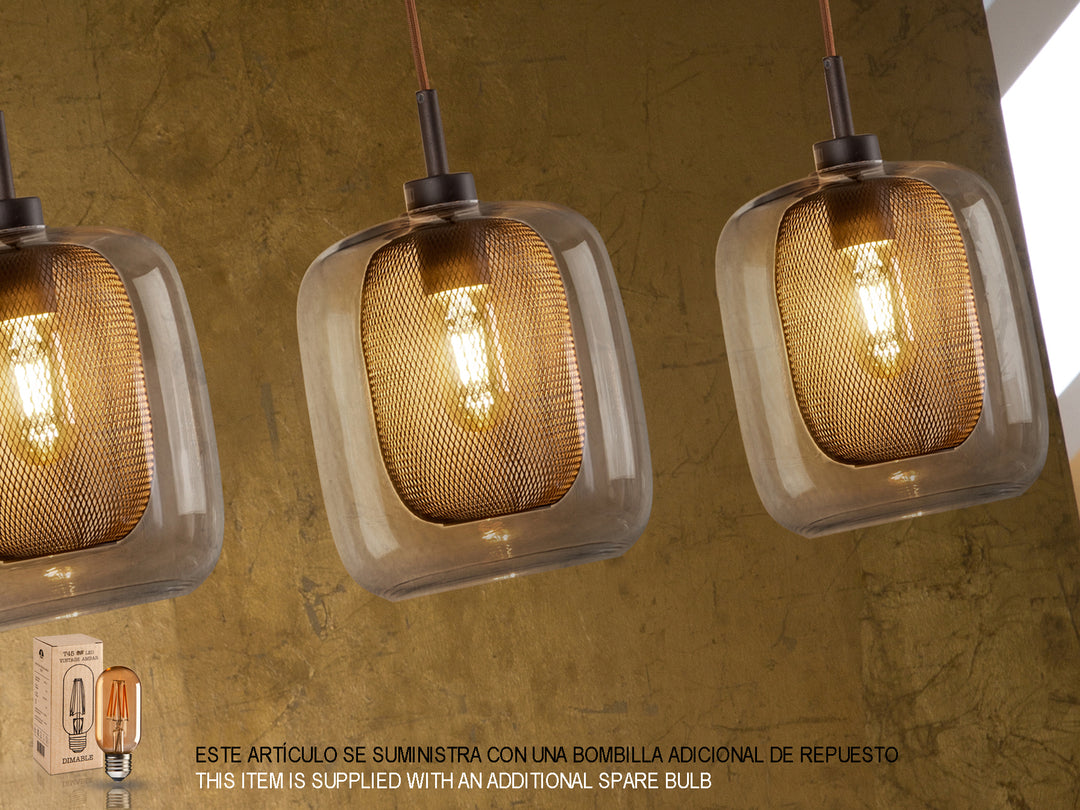 Lustră suspendată Schuller Fox 4L cu patru abajure din plasă ciocolată și sticlă transparentă pe bar orizontal — dimmable cu telecomandă.