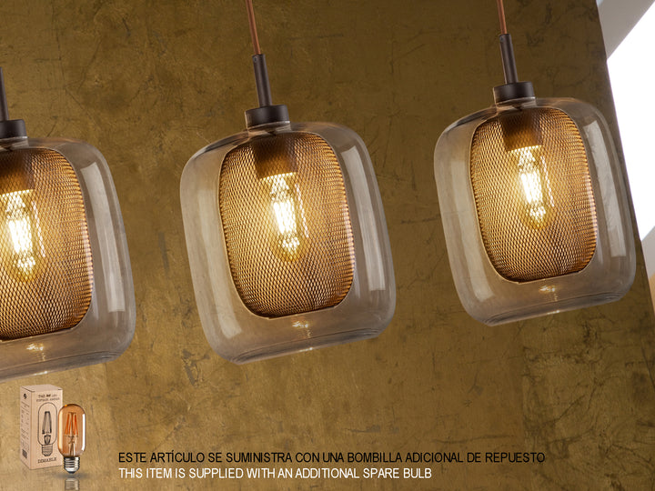 Lustră suspendată Schuller Fox 4L cu patru abajure din plasă ciocolată și sticlă transparentă pe bar orizontal — dimmable cu telecomandă.