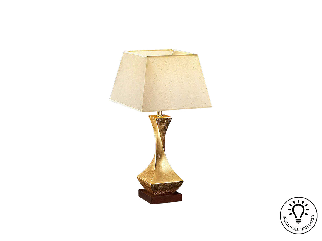 Veioză Schuller Deco cu corp lemn nuc, detalii foiță aurie și abajur textil — H64 cm