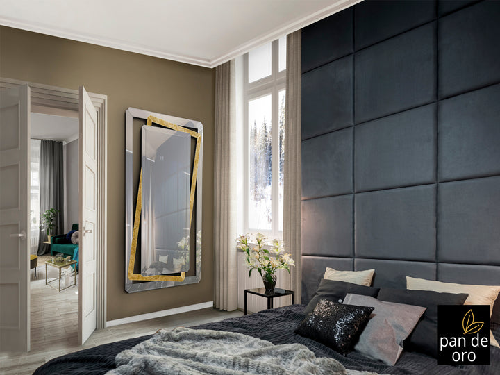 Oglindă Schuller Nora cu oglinzi teșite și fundal foiță aurie pe MDF negru — 100x180 cm