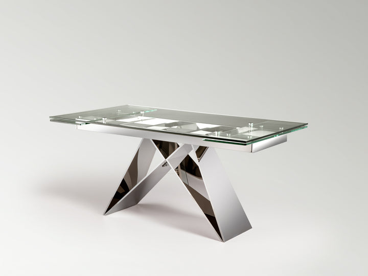 Masă dining extensibilă Schuller Mika 160-220 cm cu structură oțel inoxidabil lustruit și blat sticlă