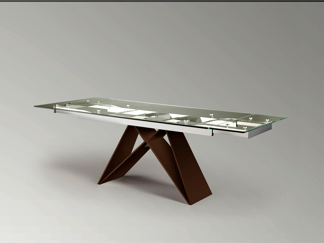 Masă dining extensibilă Schuller Mika 160-220 cm cu bază maro oxid și blat sticlă temperată
