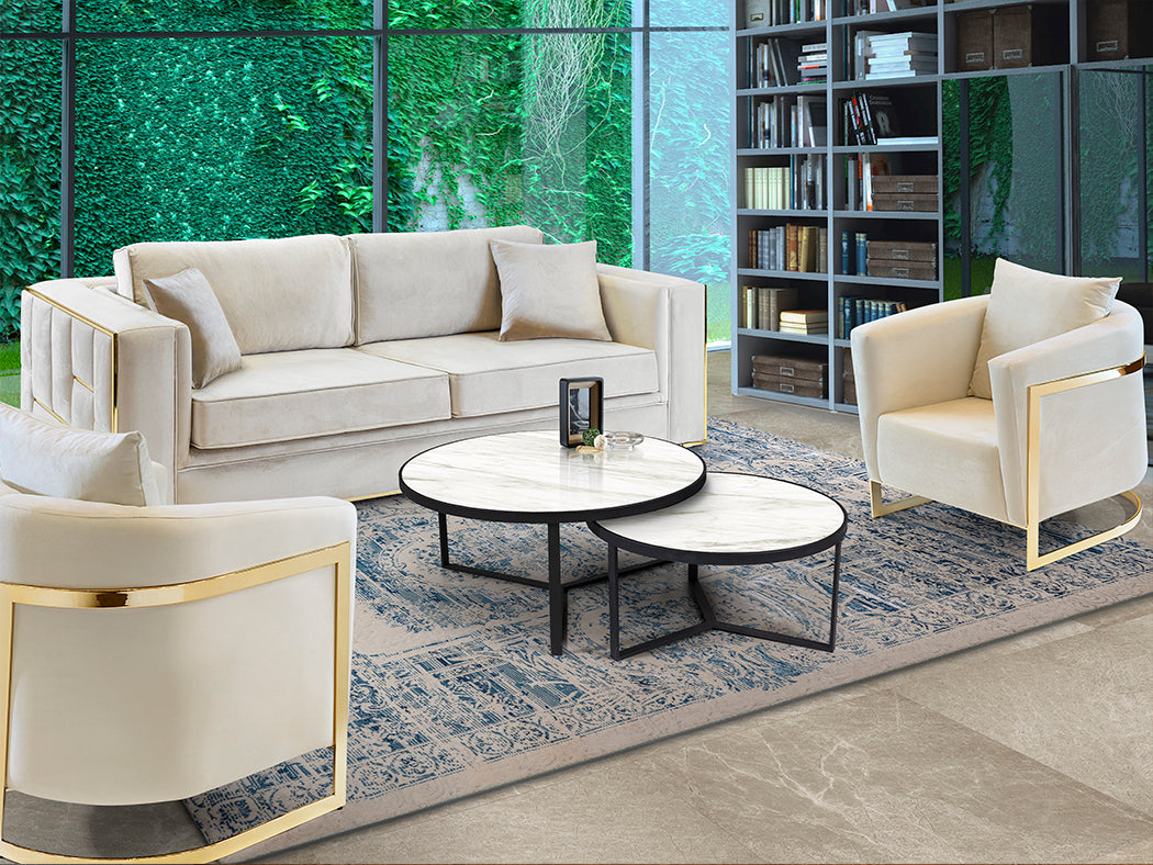 Set de două măsuțe Schuller Naira cu structură metalică neagră mat și blat cu suprafață în efect marmură albă lucioasă — 120×91 cm.