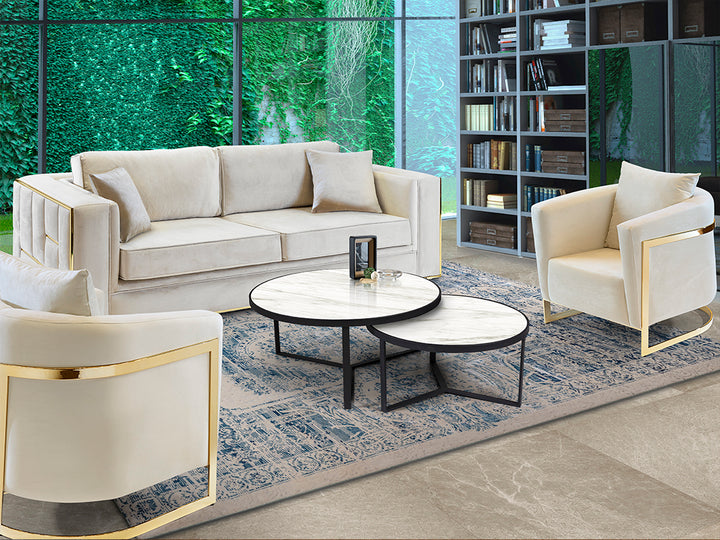 Set de două măsuțe Schuller Naira cu structură metalică neagră mat și blat cu suprafață în efect marmură albă lucioasă — 120×91 cm.