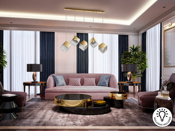 Lustra Schuller Priscila 5 lumini bar 116 cm auriu sticla texturata