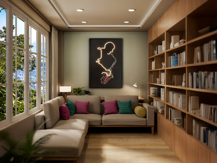 Tablou luminos LED Schuller Saxofon cu desenul unui muzician și bandă LED — 80x120 cm