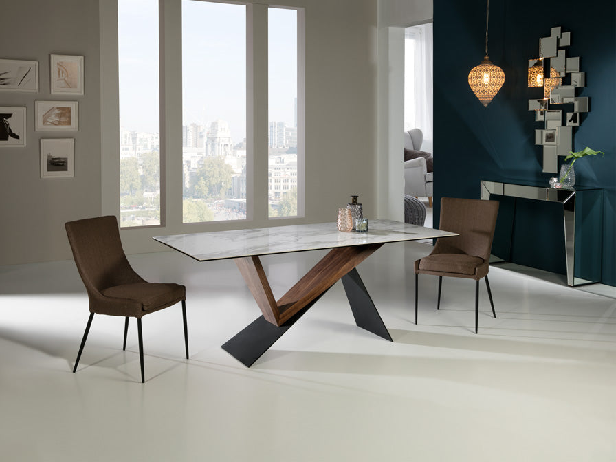 Masă dining Schuller Noa cu structură nuc și negru, blat marmură albă lucios — 180x90 cm