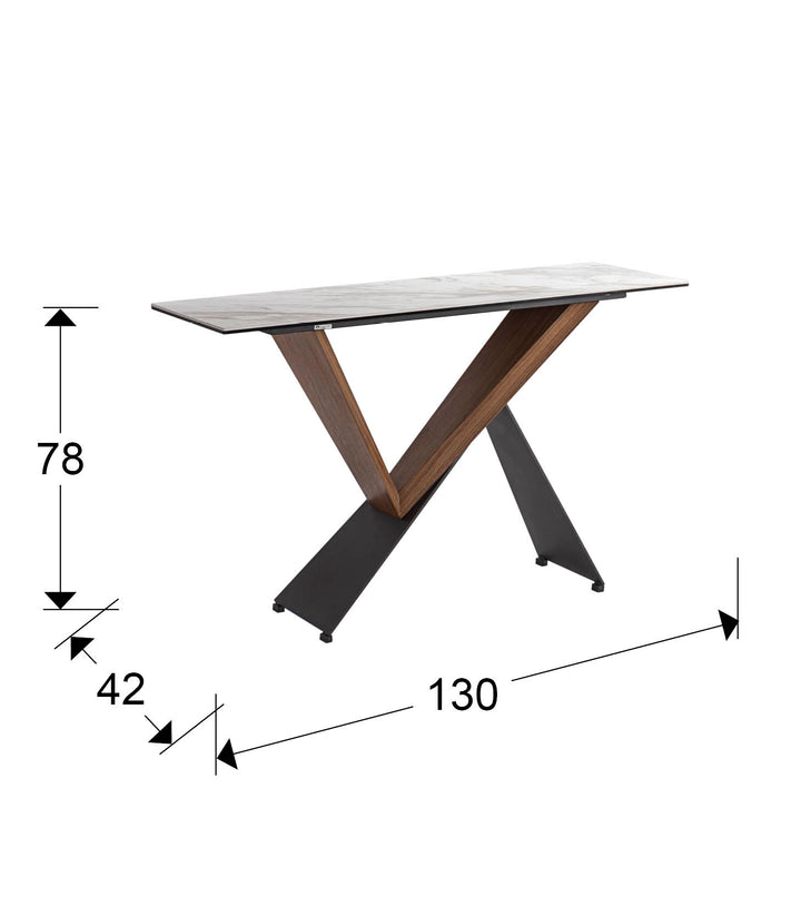 Consolă Schuller Noa cu structură nuc și negru, blat marmură albă lucios — 130x78x42 cm