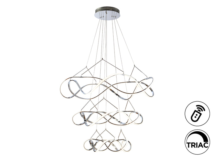 Lustră suspendată Schuller Molly cu trei discuri Ø110 suprapuse la niveluri diferite în finisaj cromat lucios — fall 200 cm, dimmable cu APP.