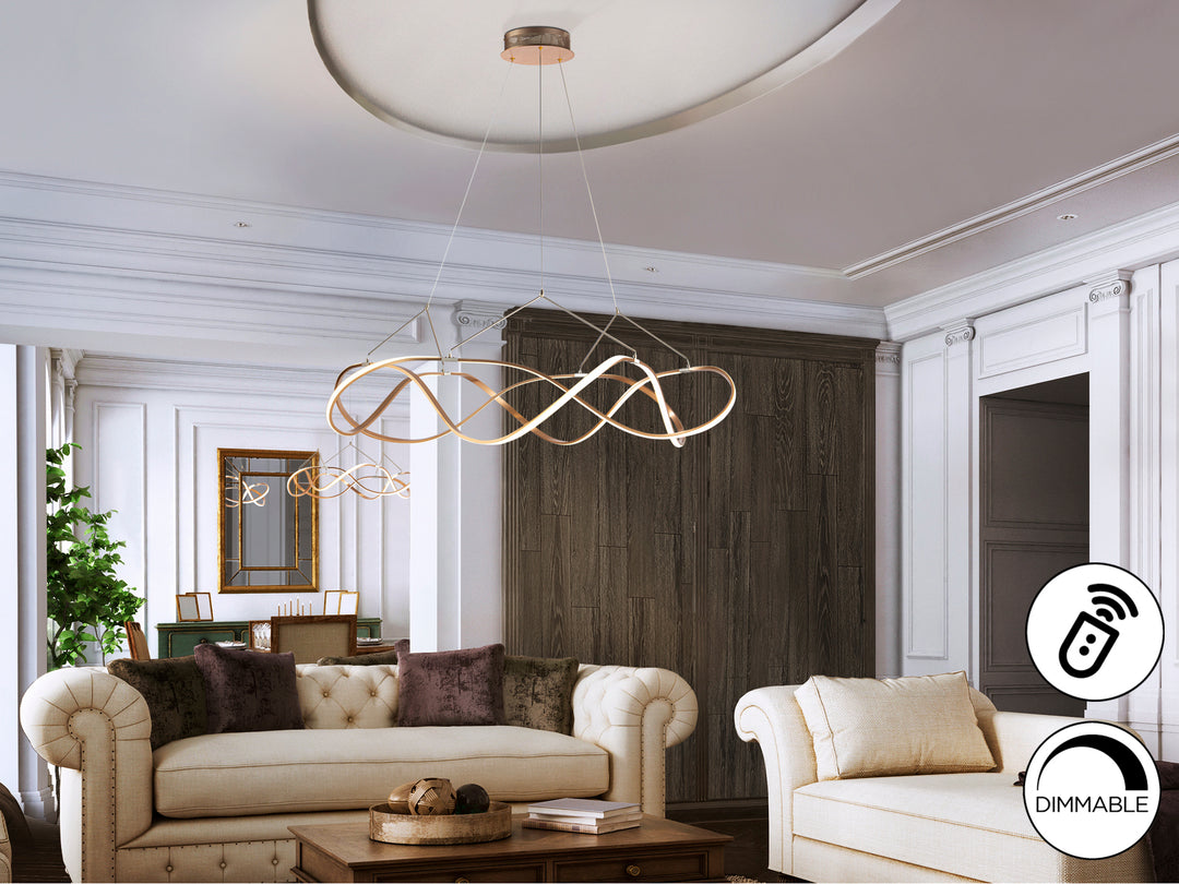 Lustră suspendată Schuller Molly Ø110 cu disc LED amplu în rose gold periat și detalii cromate — dimmable cu telecomandă și aplicație mobile.