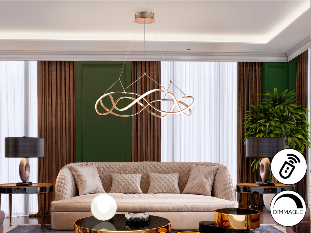 Lustră suspendată Schuller Molly Ø80 cu disc LED amplu în rose gold periat și detalii cromate — dimmable cu telecomandă.