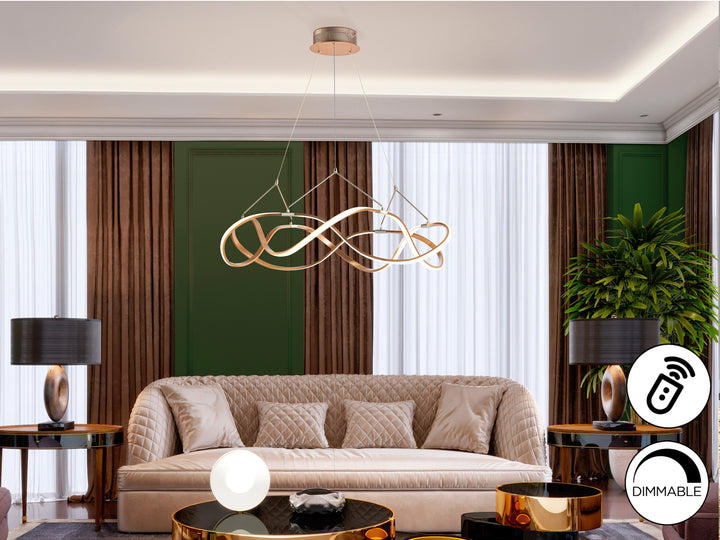 Lustră suspendată Schuller Molly Ø80 cu disc LED amplu în rose gold periat și detalii cromate — dimmable cu telecomandă.