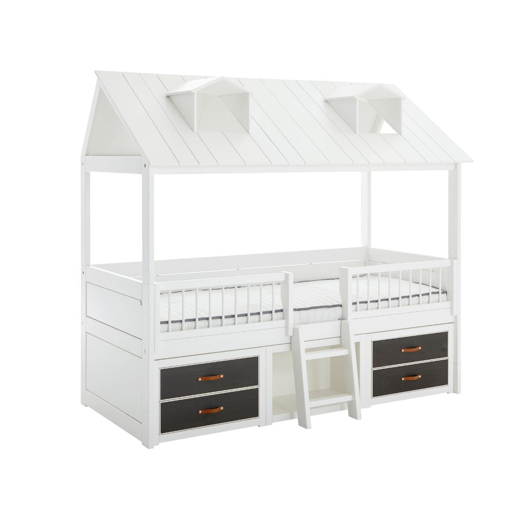 The Decorators: Pat inaltat tip casuta, Beach House, lemn de pin, alb 90x200 cm