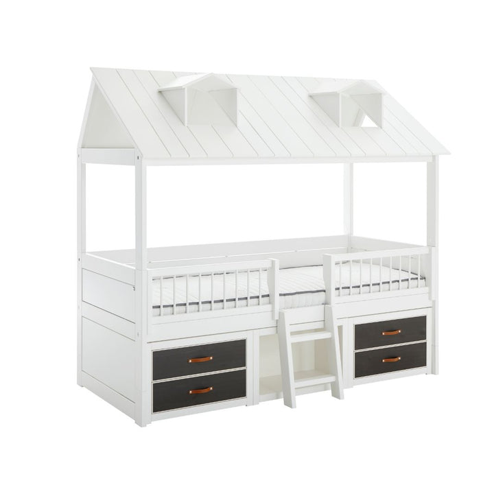 The Decorators: Pat inaltat tip casuta, Beach House, lemn de pin, alb 90x200 cm