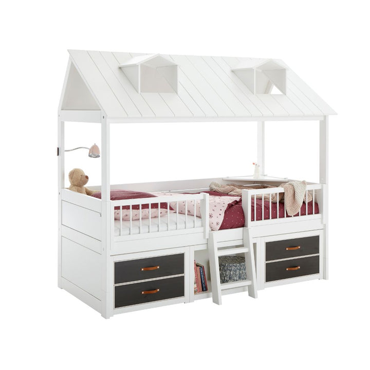The Decorators: Pat inaltat tip casuta, Beach House, lemn de pin, alb 90x200 cm