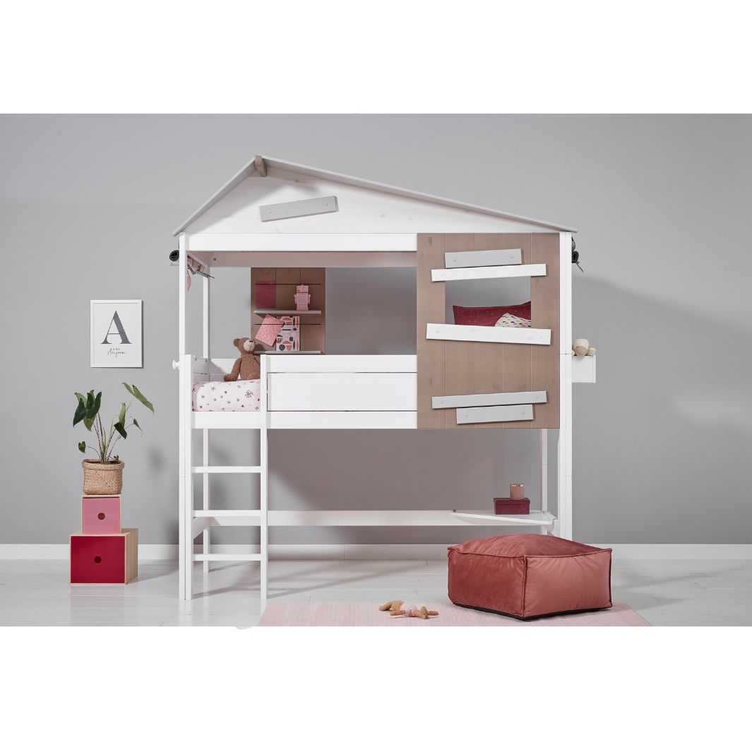 The Decorators: Pat casuta semi-inalt cu scara dreapta, Hideout, lemn de pin, 90x200 cm