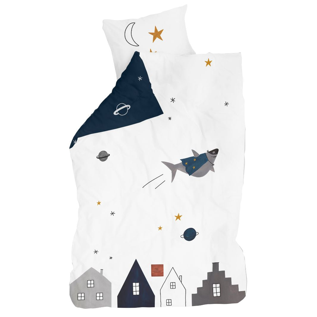 The Decorators: Lenjerie de pat pentru copii, Space Dream, bumbac, alb-albastru, 140x200 cm