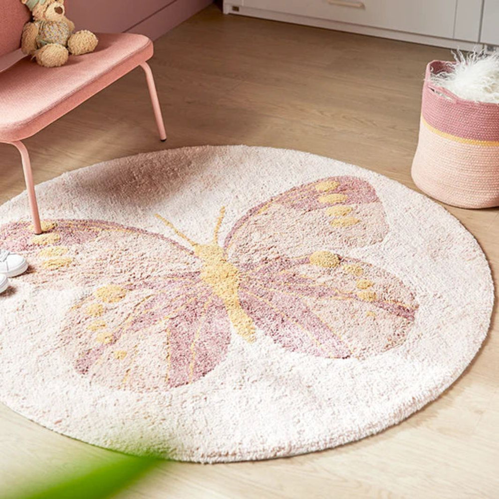 The Decorators: Covor rotund pentru copii, Butterflies, bumbac, roz, Ø130 cm
