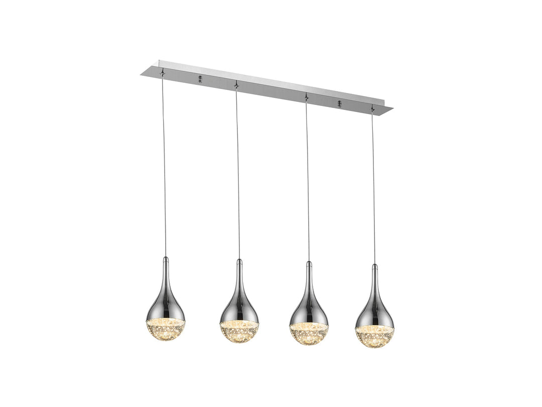 Lustră suspendată Schuller Elie 4L cu patru picături din sticlă solidă cu bule decorative pe bară orizontală cromată.