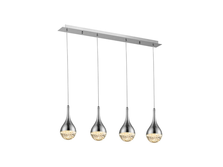 Lustră suspendată Schuller Elie 4L cu patru picături din sticlă solidă cu bule decorative pe bară orizontală cromată.