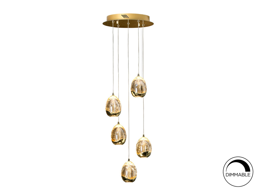 Lustră suspendată Schuller Rocío 5L cu cinci picături din sticlă solidă în nuanță șampanie cu bule decorative — carcasă aurie, 80 cm înălțime.
