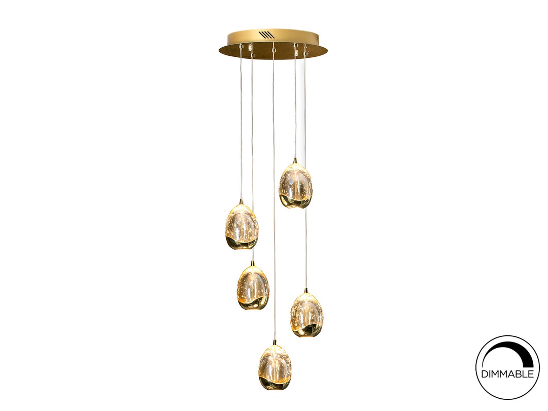 Lustră suspendată Schuller Rocío 5L cu cinci picături din sticlă solidă în nuanță șampanie cu bule decorative — carcasă aurie, 80 cm înălțime.